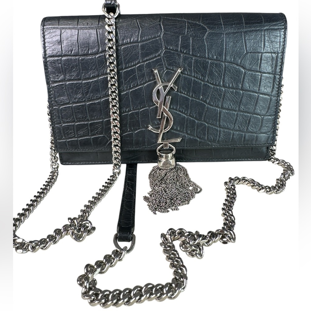 Saint Laurent Black Croc-Embossed Leather Tassel Chain Crossbody